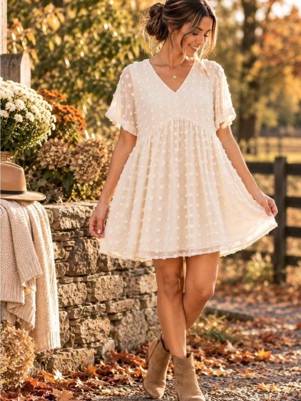 NWT Kirundo Women's Cream Swiss Dot V-Neck Babydoll Dress Size Small
